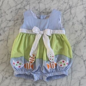 Baby Girl Fishing Sleeveless Bubble Romper Bow Decal Sz 12 Mo BT Kids